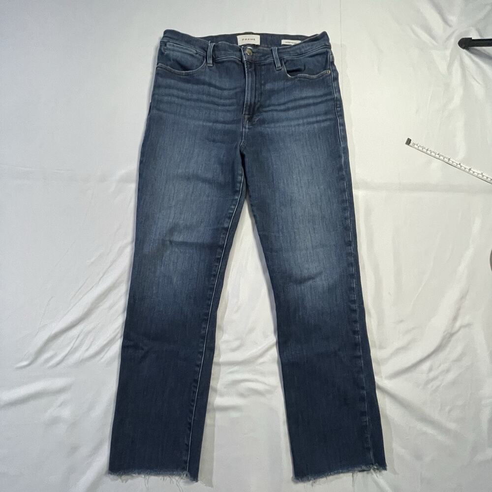 FRAME Le High Straight Jeans Alessandro Blue Stretch Size 30 Inseam 26" Raw Hem